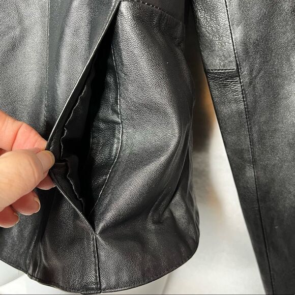 BirryShop Black Genuine Leather Blazer Collar One Button Front Pockets Women’s - Picture 10 of 14